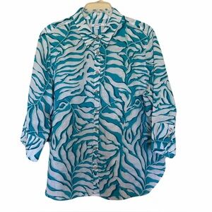 Chico’s No Iron Linen Top Oceano Teal Blue Green White Chicos size 3 / US 16
